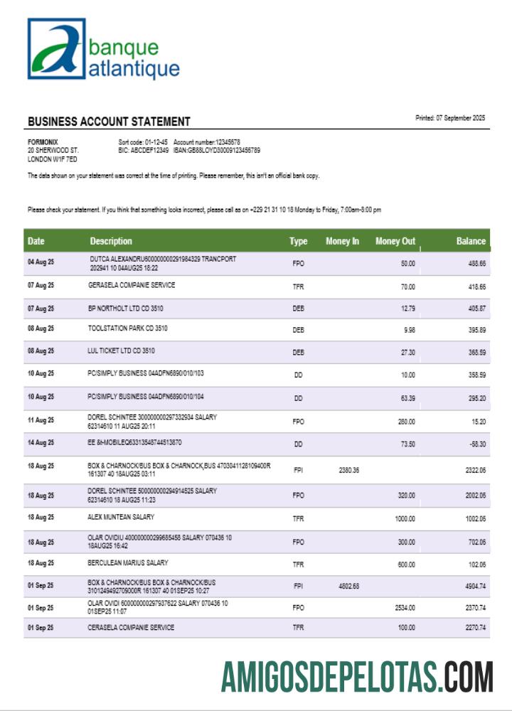 Declaração de empresa de negócios do Atlantic Bank em formato Word e PDF